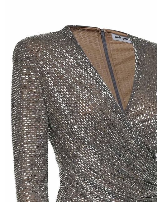 Self-Portrait Gray Rhinestone-Embellished Mesh Wrap Top