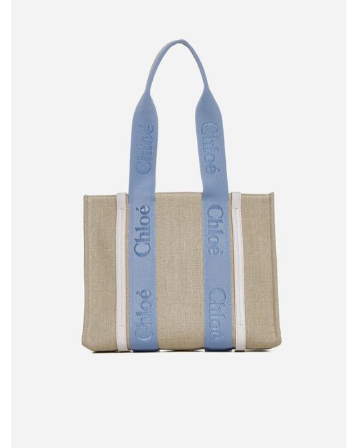 Chloé Blue Woody Linen Medium Tote Bag