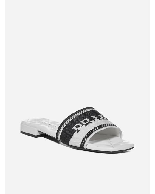 Prada Logo Jacquard Flat Sandals in White | Lyst