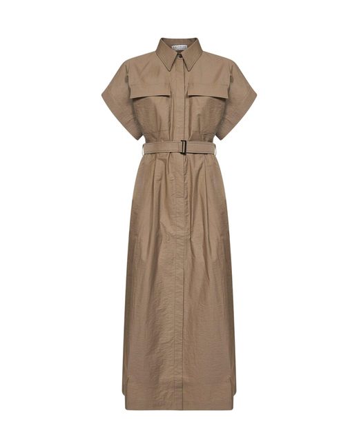Brunello Cucinelli Natural Earth Texture Twill Belted Long Shirt Dress
