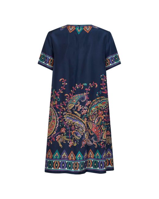 Etro Blue Paisley-Print Habotai Silk Tunic Short Dress