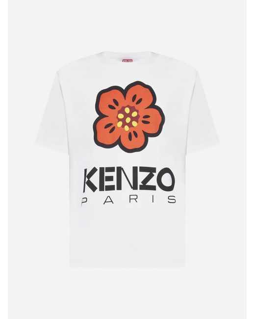 KENZO White Logo And Flower Cotton T-shirt for men
