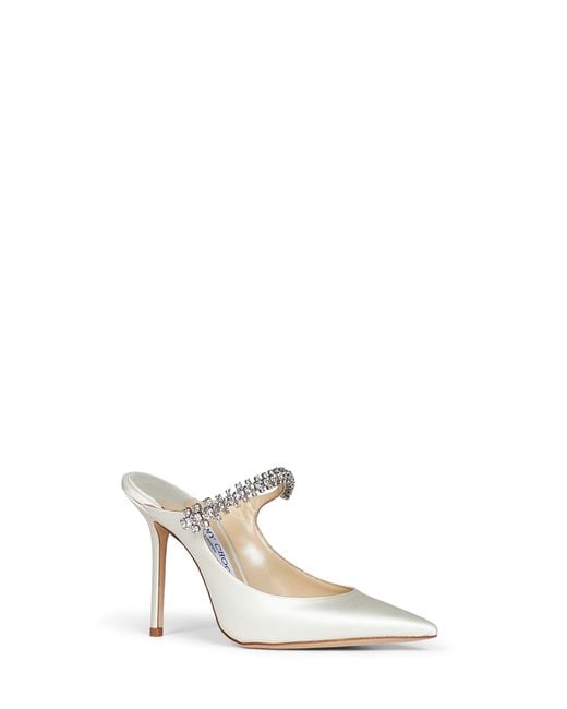 Jimmy Choo White Crystal-Embellished Satin Bing 100 Mules