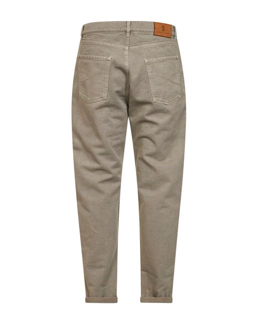Brunello Cucinelli Gray Khaki Garment-Dyed Denim Iconic Fit Jeans for men