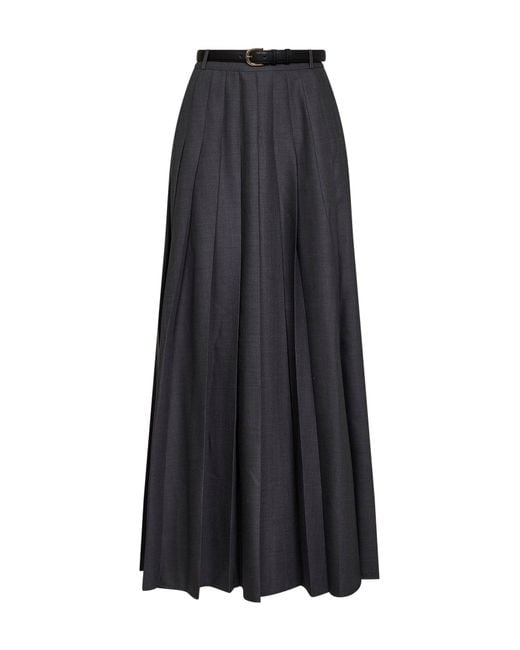 Self-Portrait Black Wool Blend Belted Pleated Maxi Skirt
