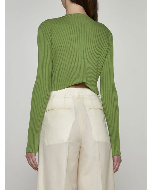 Auralee Green Ribbed Cotton Cropped Cardigan