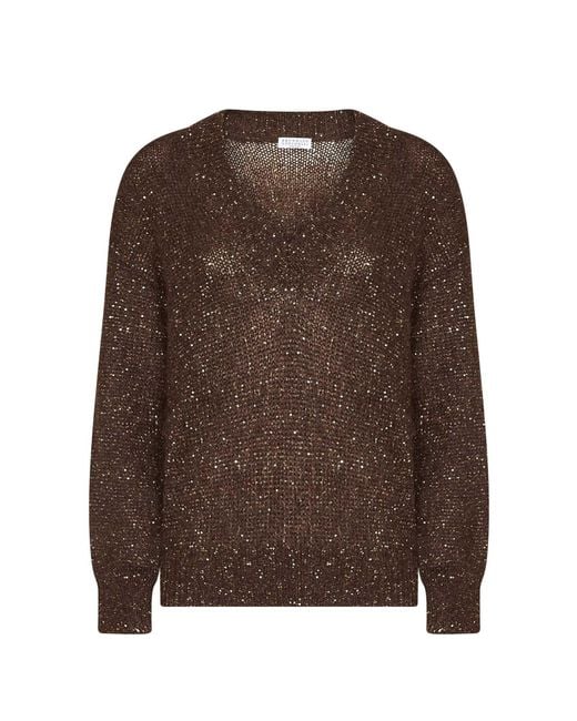 Brunello Cucinelli Brown Dark Chocolate Dazzling Half-Engligh Rib Sticth Cotton Knit Sweater