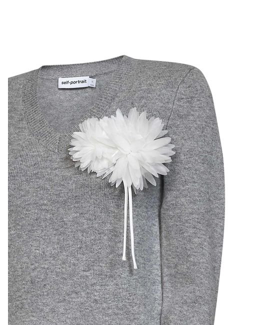 Self-Portrait Gray Wool And Cashmere Blend V-Neck Flower Sweater