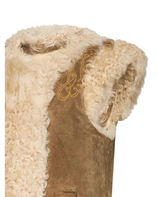Etro Natural Camel Shearling Vest With Peacock Embroidery
