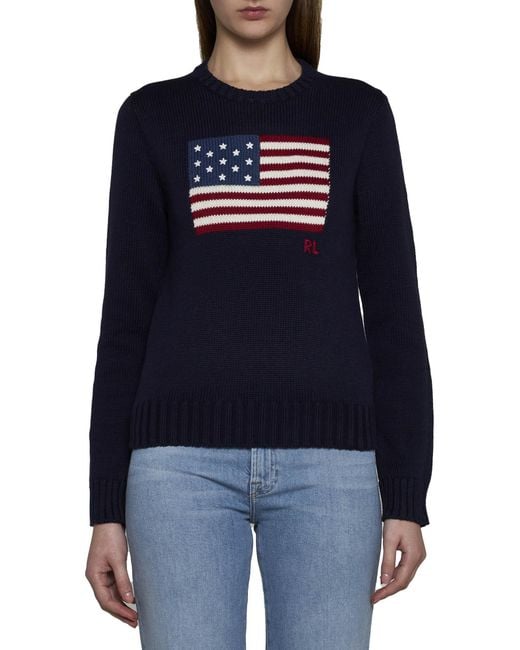 Polo Ralph Lauren Blue Cotton Sweater With American Flag