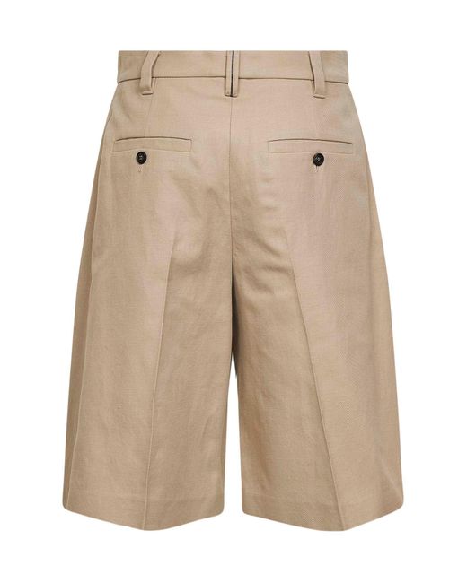 Brunello Cucinelli Natural Cotton And Linen Gabardine Sartorial Bermuda Shorts With Monili