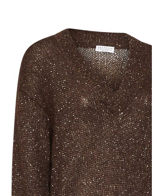 Brunello Cucinelli Brown Dark Chocolate Dazzling Half-Engligh Rib Sticth Cotton Knit Sweater