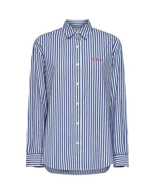 Mc2 Saint Barth Blue And Striped Cotton Brigitte Shirt With Print And Embroidery