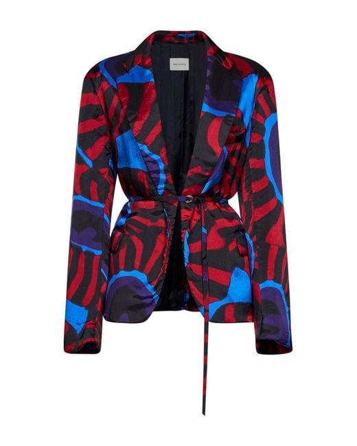 Dries Van Noten Blue Marbled Clay-Print Twill Blursy Belted Blazer