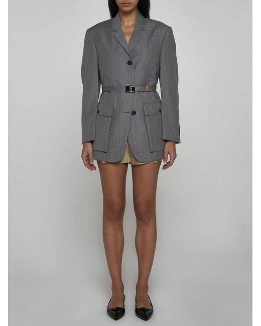 Prada Gray Mohair And Wool Belted Blazer