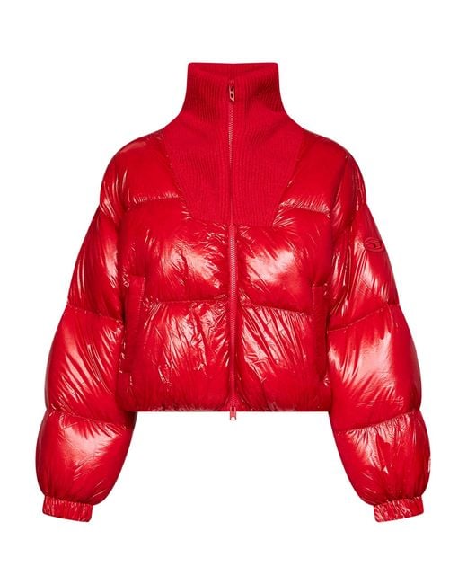 DIESEL Red Glossy Nylon W-Arrior Short Puffer Jacket
