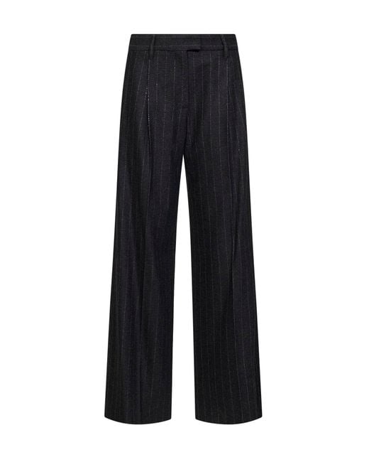 Brunello Cucinelli Black Anthracite Sequin Pinstriped Wool Blend Loose Pleated Trousers