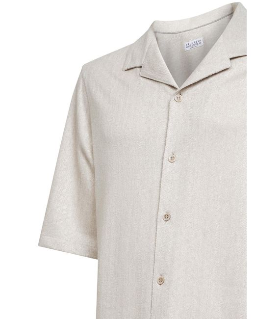 Brunello Cucinelli White Chevron Jersey Short-Sleeved Shirt for men