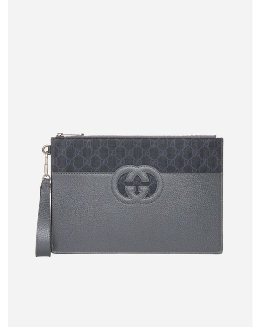 Gucci Gray Leather And GG Fabric Clutch Bag for men