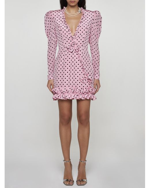 Alessandra Rich Pink Polka Dot Print Silk Mini Dress