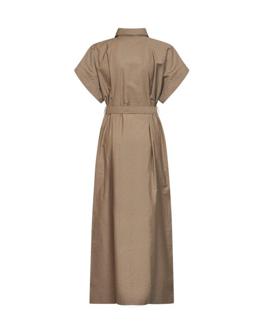 Brunello Cucinelli Natural Earth Texture Twill Belted Long Shirt Dress