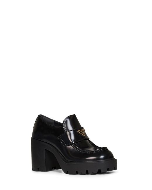 PRADA CALZATURE Black Brushed Leather Heeled Loafers