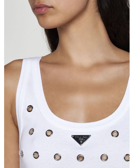 Prada White Cut-outs And Studs Cotton Top