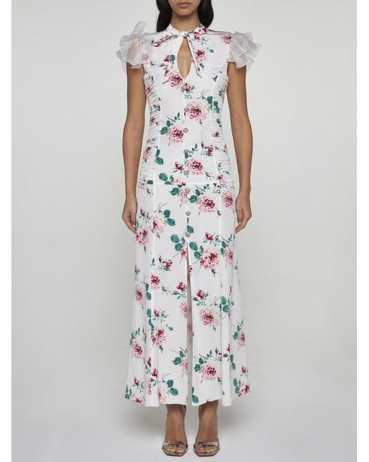 Alessandra Rich White Rose Print Silk Long Dress