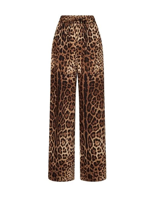 Dolce & Gabbana Brown Dolce & Gabbana Leo-Print Stretch Silk Wide-Leg Trousers