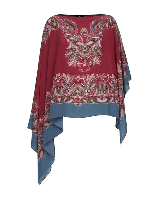 Etro Red Printed Crêpe De Chine Silk Poncho Top
