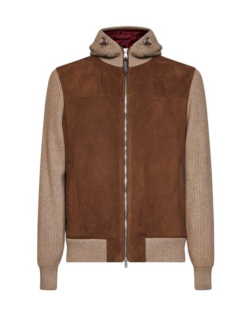 Brunello Cucinelli Brown Hooded Bomber Jacket for men