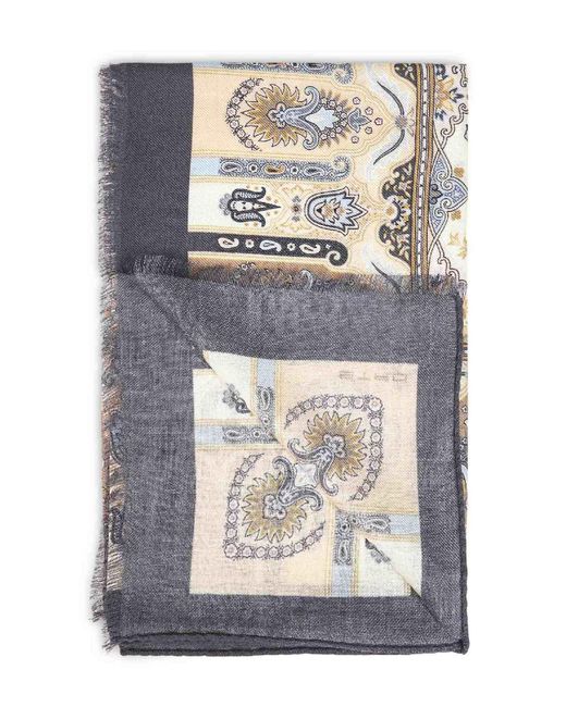 Etro Gray Cream Wool And Silk Scarf With Floral Paisley Pattern