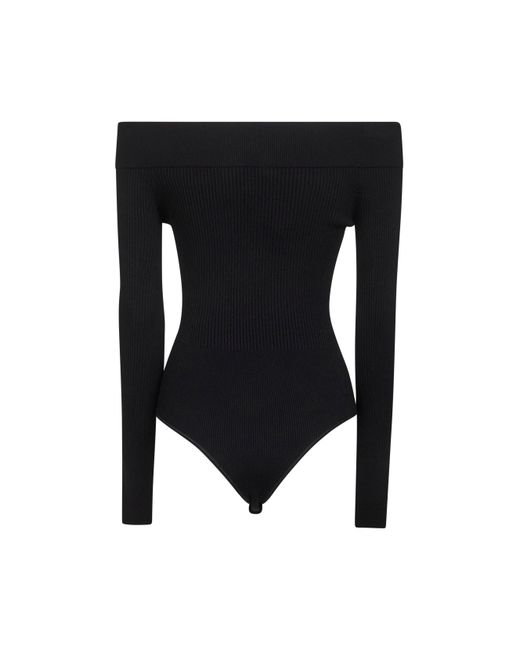 Alaïa Black Ribbed Knit Off-The-Shoulder Bodysuit