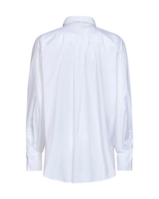 Brunello Cucinelli White Stretch Poplin Shirt With Tie And Monili