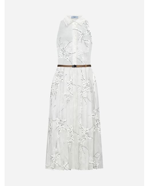 Prada White Embroidered Silk-blend Shirt Dress