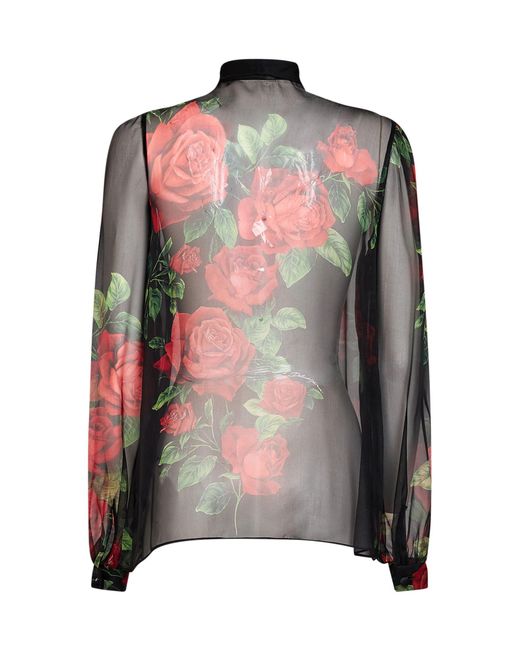 Dolce & Gabbana Black Rose-Print Silk Chiffon Blouse