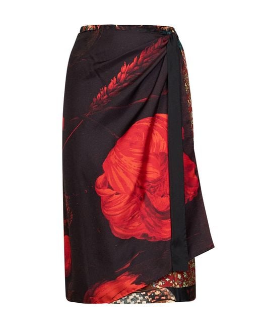 Dries Van Noten Red Flemish Painting-Print Silk Scarfy Scarf-Style Midi Skirt