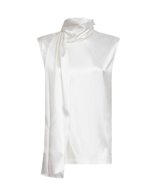 Bottega Veneta White Stretch Silk Satin Top With Integrated Scarf Detail