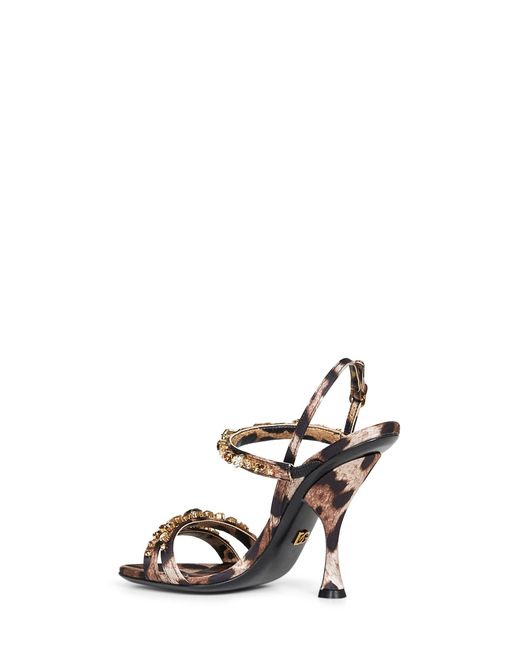Dolce & Gabbana White Leo Print Satin Rhinestone Embroidered Sandals
