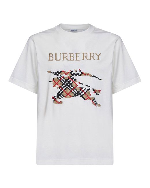 Burberry White Chalk Cotton T-Shirt With Cross-Stitch Knight for men