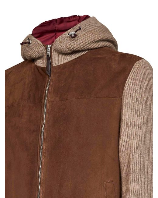 Brunello Cucinelli Brown Hooded Bomber Jacket for men