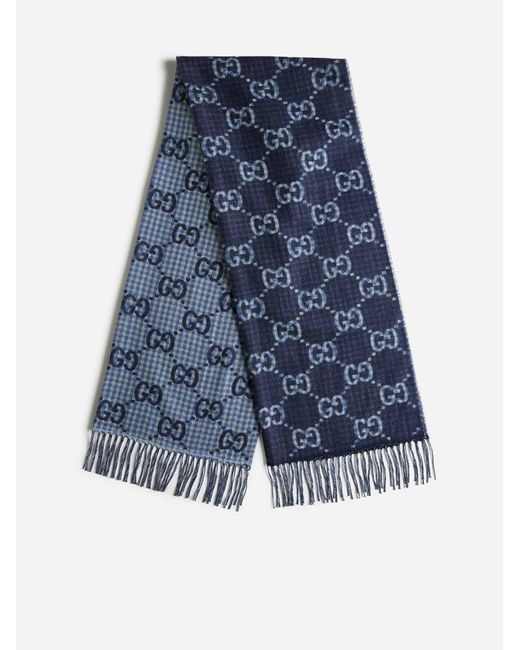 Gucci Blue GG Houndstooth Wool Scarf for men