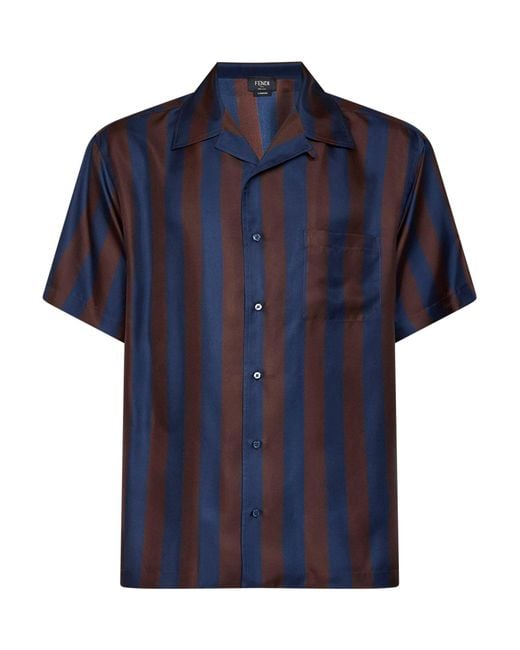 Fendi Blue Shirt Pequin Short-Sleeved for men