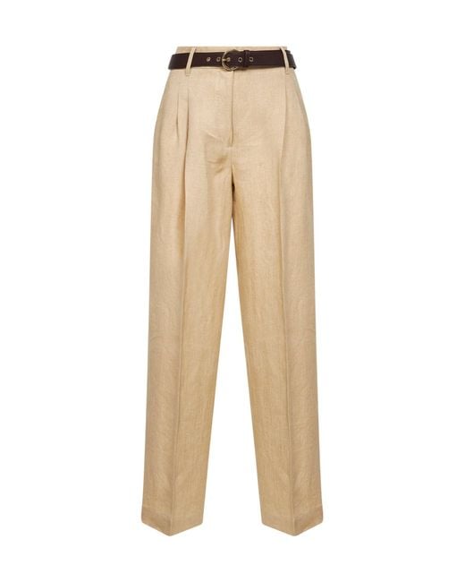 Max Mara Natural Faded Linen Twill Mstsumero Belted Wide-Leg Trousers
