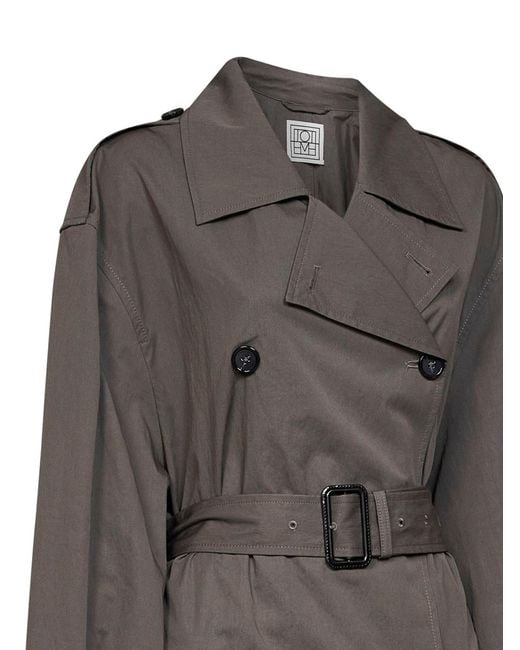 Totême  Gray Taupe Crisp Cotton Blend Double-Breasted Trench Coat