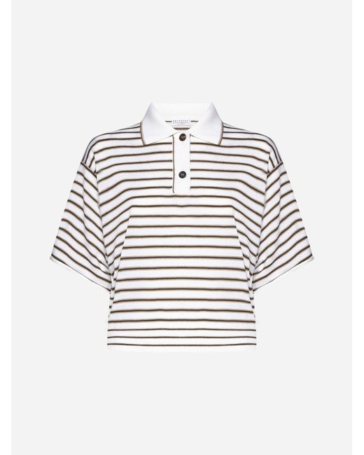 Brunello Cucinelli White Lame' Striped Wool And Cashmere Polo Shirt
