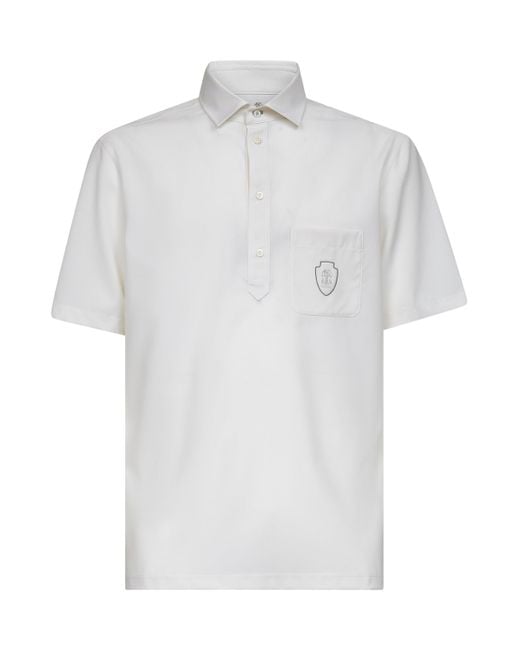 Brunello Cucinelli White Virgin Wool Canvas Logo Polo Shirt for men