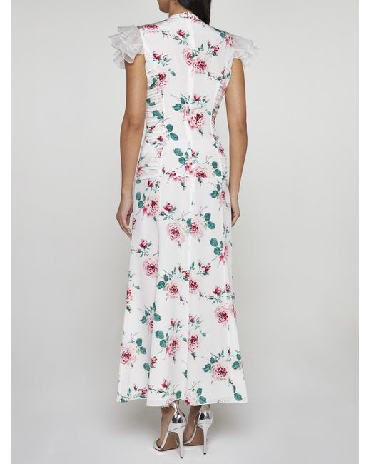 Alessandra Rich White Rose Print Silk Long Dress