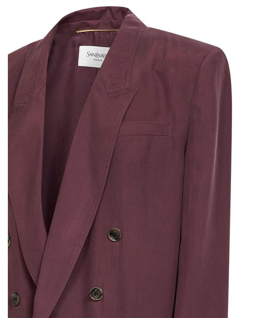 Saint Laurent Purple Aubergine Silk Habutai Double-Breasted Blazer