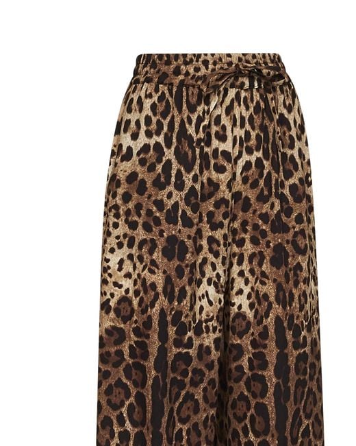 Dolce & Gabbana Brown Dolce & Gabbana Leo-Print Stretch Silk Wide-Leg Trousers
